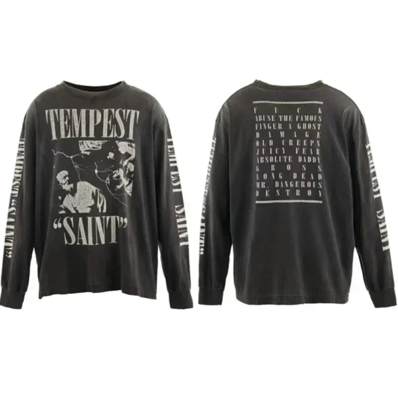 25SS Pure Cotton Saint Michael Long Sleeved T Shirts Men Women 1:1 Washed Black Manga Character Print Hoodies