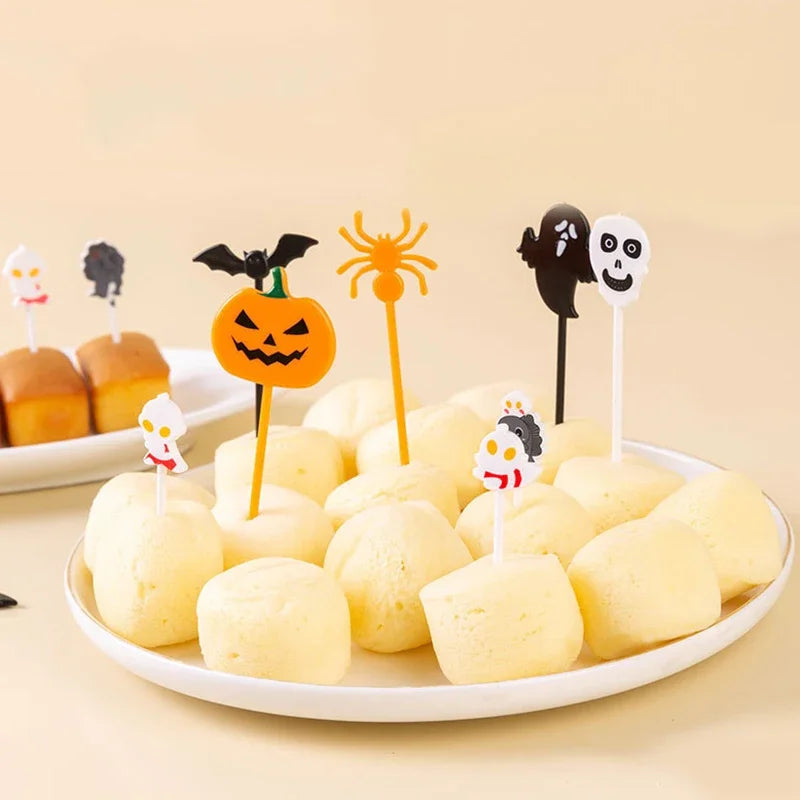 10pcs Halloween Fruit Fork Cartoon Children Cake Dessert Pick Toothpick Lunch Pick Food Fork Bento Party Decoration Random Style