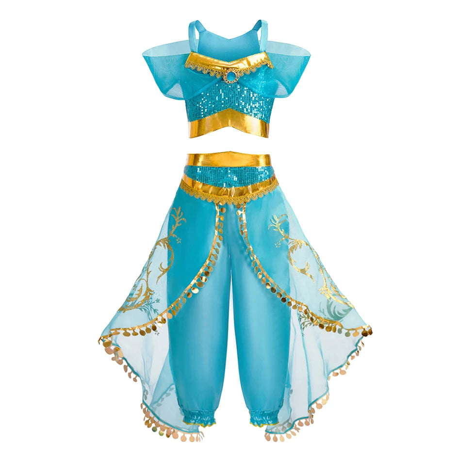 Kids Jasmine Tops and Pants Children Summer Halloween Costume Girls Princess Carnival Dress Up Performance Kids Cosplay Dresses