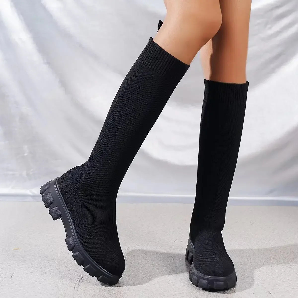 Thick Sole Knitted Long Boots for Women Fashion Elastic Socks Shoes Boots Over Knee Round Toe Low Heels Botas De Mujer 2024