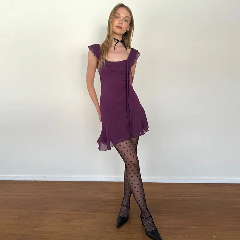 European and American style women's spring new fashion sexy French temperament sleeveless square collar ruffled chiffon dress