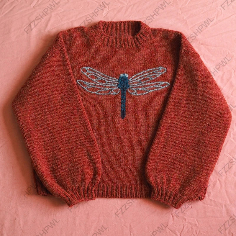 Harajuku women pullover sweater fashionable and chic dragonfly pattern daily casual retro aesthetic grunge Emo girl Y2K cute top