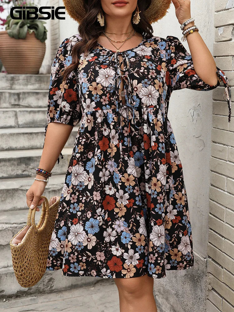 GIBSIE Plus Size Floral Print O-Neck Lace Up Short Dress Women Summer Puff Sleeve Casual Holiday Boho Loose Dresses 2025 Summer
