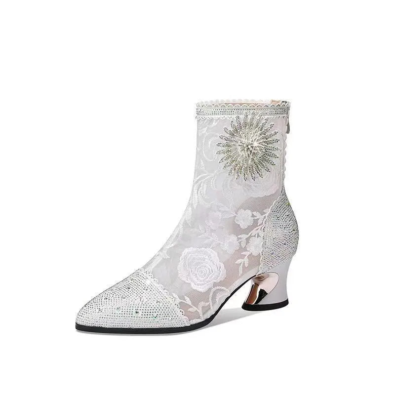 Luxury Crystal Pointed Toe Fashion Boots Women Thick Heel Zipper Ladies Party Shoes Black White Lace Mesh Sexy Female Ankle Boot