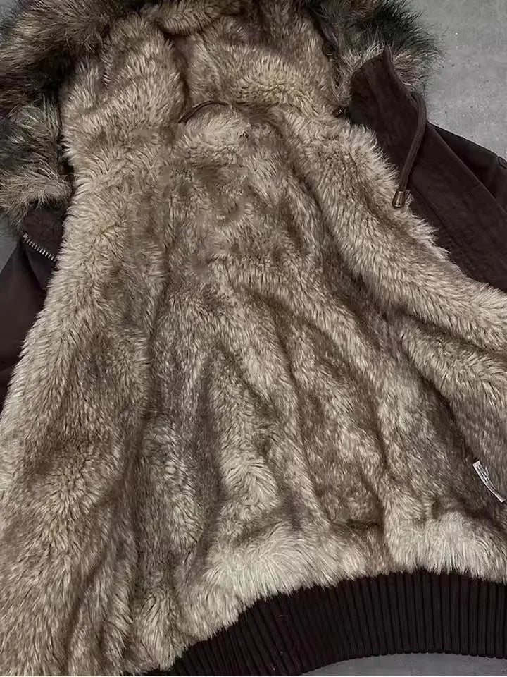 American Vintage Y2K Fur Lined Bomber Jacket Womens Brown Hooded Coat with Faux Fur Trim and Ribbed Cuffs Fashionable and Casual