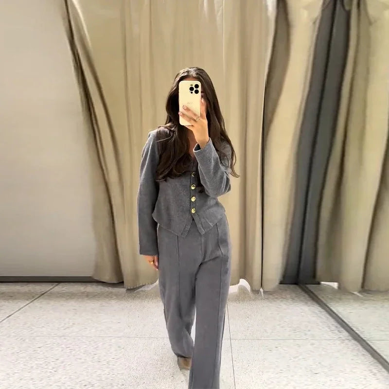 Casual Knitted Pant Suit Women Solid V-neck Full Sleeve Button Jacket Wide Trouser 2025 Autumn Fashion 2 Pieces Set Lady Outfits
