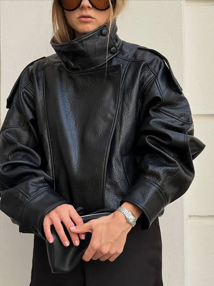 HH 2025 Autumn Women Pu Leather Jacket Vintage Solid Loose Long Sleeve Zipper Turtleneck Coat Casual Office Lady Outerwear