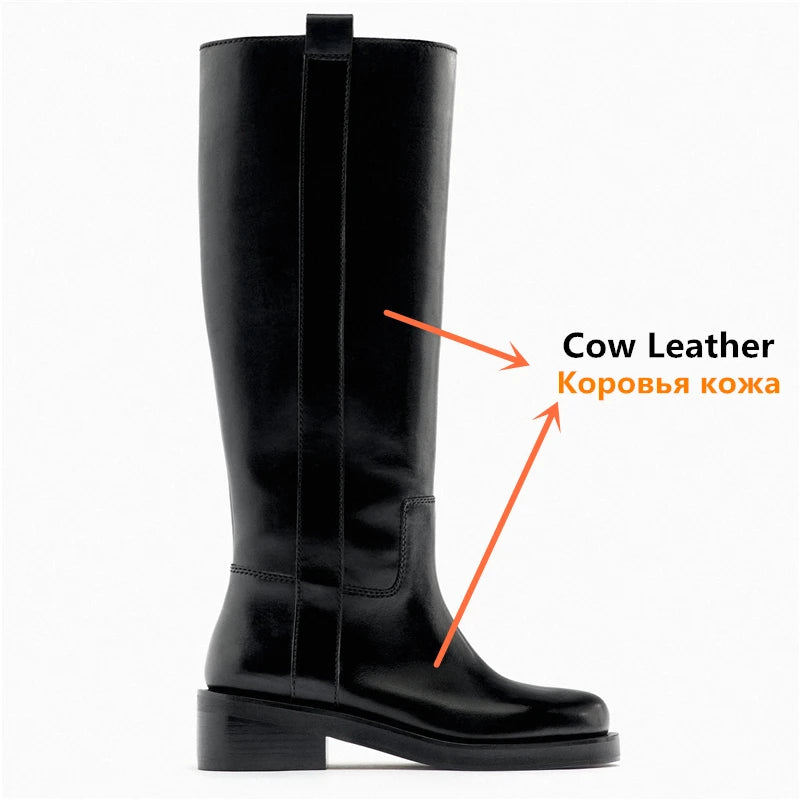 INS ZA Plus Size 34-43 New Fashion Full Genuine Leather Boots Women Slip On Knee High Boots Autumn Winter Straight Knight Botas