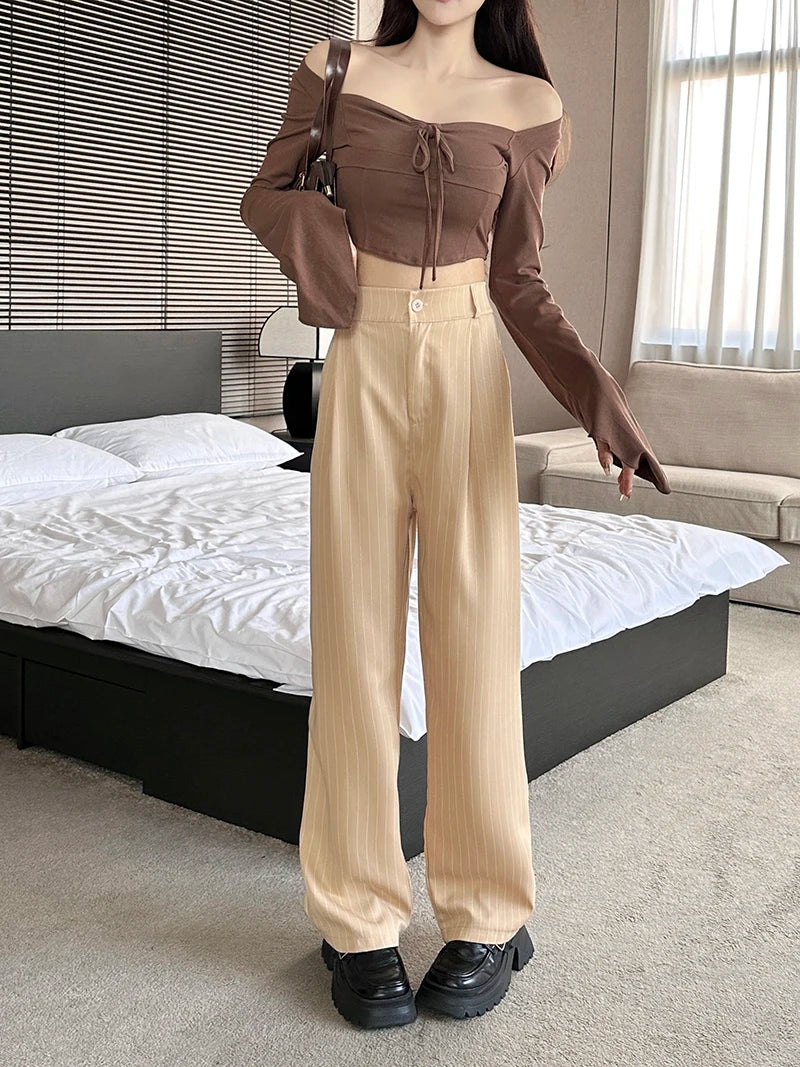 Slimming High Waist Trousers Women's Loose Striped Wide Leg Pants Korean Sle Commute Faion plus Size Long Trousers