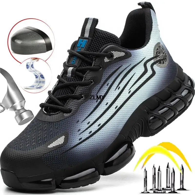 Men Air Cushion Sport Safety Shoes Fashion Steel Toe Sneakers Anti-smash Anti-puncture Protective Shoes Man Safety Work Boots