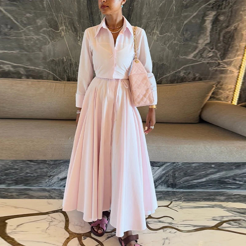 Casual Lapel Shirt Skirt Two Pieces Set Women Single Breasted Long Sleeve Top A-line Pleated Shirts 2025 Autumn Lady Solid Suit
