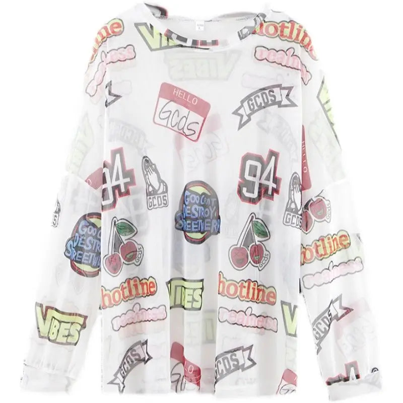 Women Letter Graphic Print Sexy Sheer Mesh Harajuku Y2K T Shirt Summer Trendy Long Sleeve Thin Tees Casual Streetwear Tops Ropa