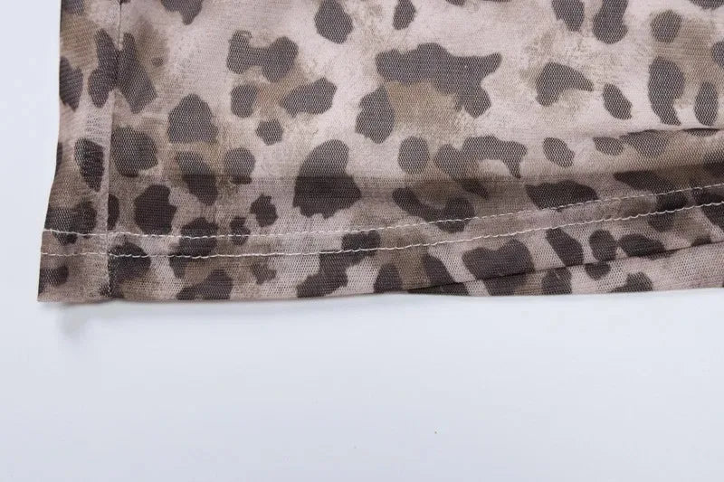 Women's tulle leopard print top shoulder straight neck and leopard print straight skirt summer casual girls two-piece set