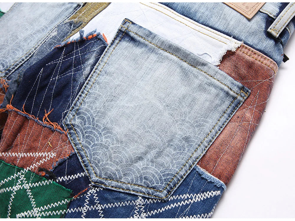 Men Patchwork Denim Jeans Release Hem Colorful Patches Embroidery Pants Non Stretch Cotton Slim Straight Trousers
