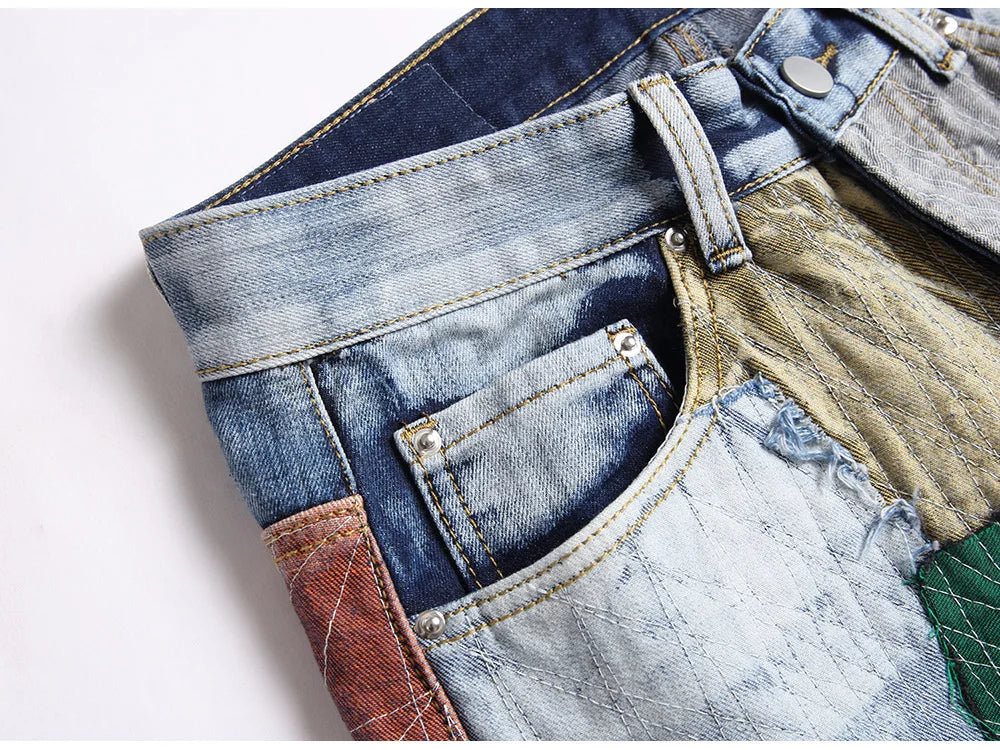 Men Patchwork Denim Jeans Release Hem Colorful Patches Embroidery Pants Non Stretch Cotton Slim Straight Trousers