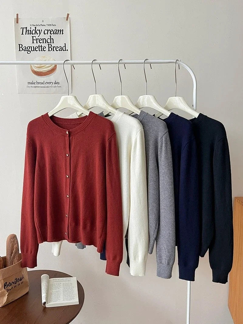 Autumn Winter 2025 New Women's Retro Love Small Gold Buckle Cardigan Female Casual Solid Long Sleeve Slim Knitted Sweater