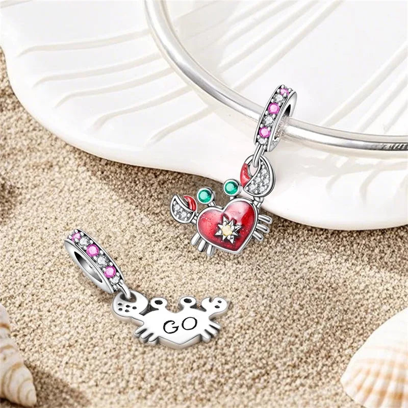 Original 925 Sterling Silver Charms Beads Blue Crab Red Lobster Charms Pendant For Women Fine DIY Bracelet Jewelry Gifts