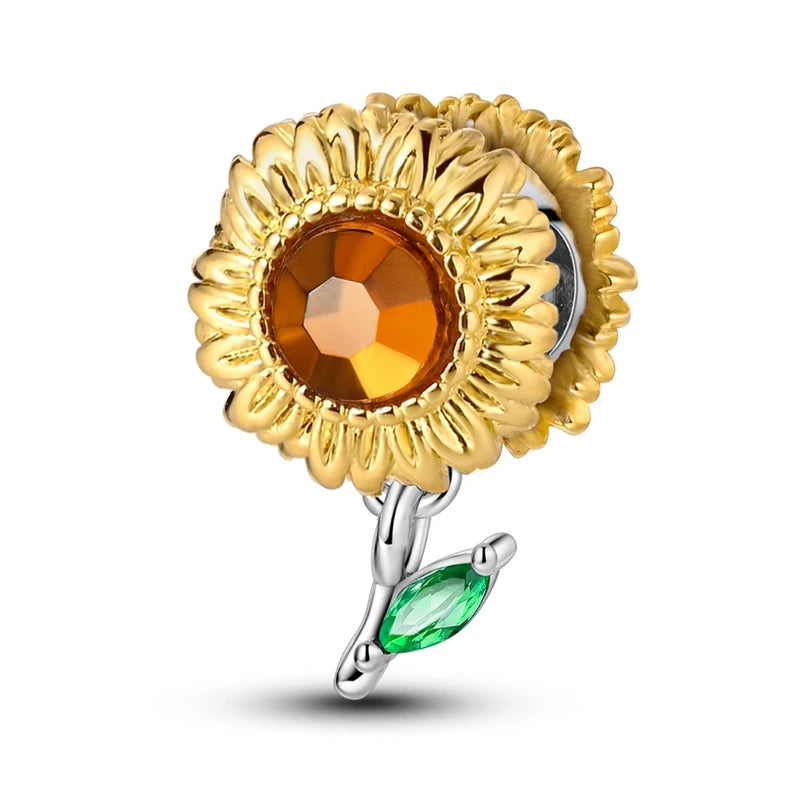 New 925 Sterling Silver Two Tone Golden Sunflower Lucky Stars Charm Fit Bracelet & Necklace Sun Moon Diamond Charm Jewelry DIY