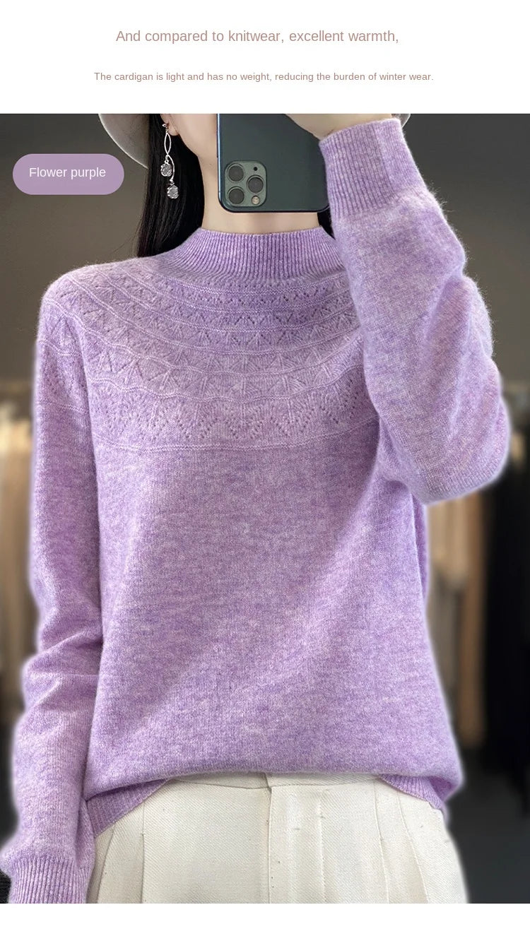 2024 New Line Of Garment Hollowed Out Half Height Women's High-grade Woolen Sweater 100% Pure Wool Multi-color Option WQ