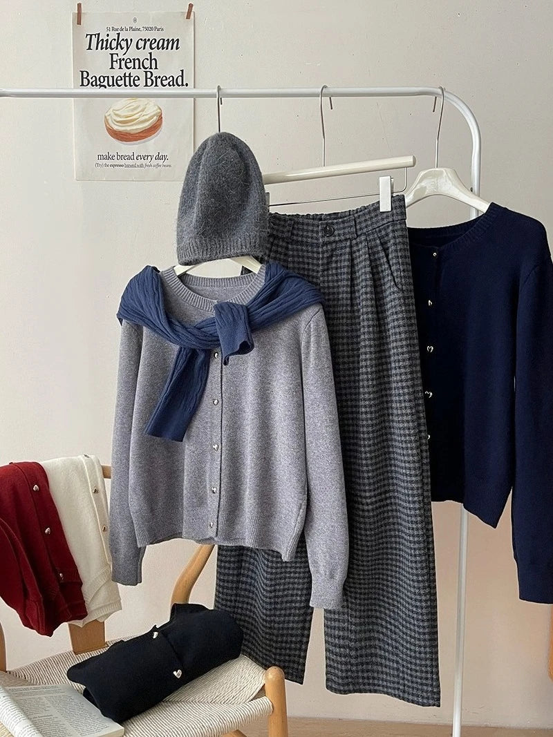 Autumn Winter 2025 New Women's Retro Love Small Gold Buckle Cardigan Female Casual Solid Long Sleeve Slim Knitted Sweater