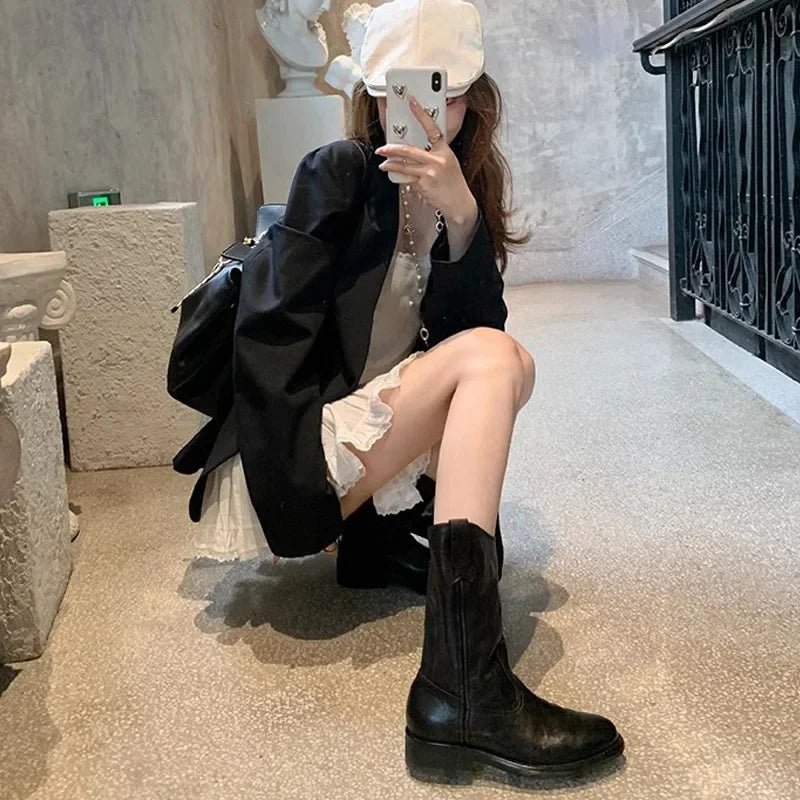 New Fashion Boots for Women Spring/Autumn Square Heel Female Mid-Calf Boots Ladies Slip-On Pointed Toe WESTERN Boots Women