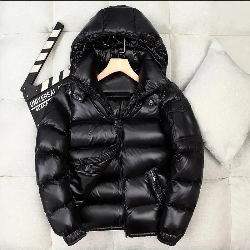 Mens Glossy Parka Casual White Duck Hooded Down Jacket Waterproof Windproof Ski Thick Warm Outwear Men Winter Fashion Shiny Coat