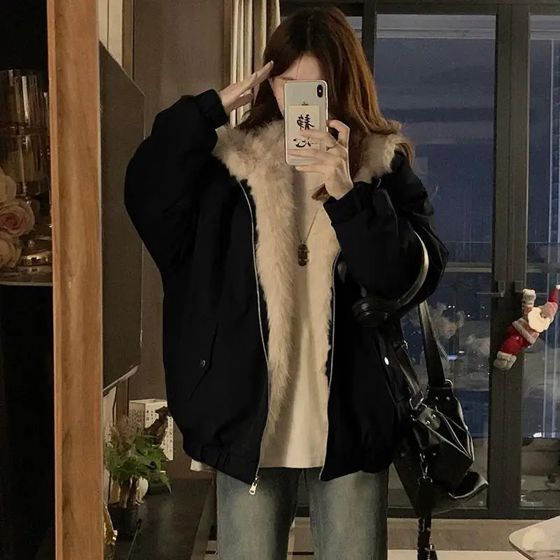 Double-Sided Warm Fur Coat Women Autumn Winter Loose Thicken Plush Cotton Coat 2025 New Women Hooded Imitation Mink Fur Outwear