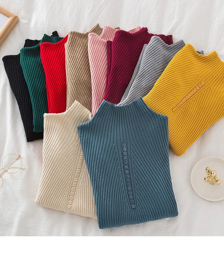Women Turtleneck Pullovers Autumn Winter Jumper Knitted Basic Top Fashion Solid Color with Button Long Sleeve Ladies Sweater