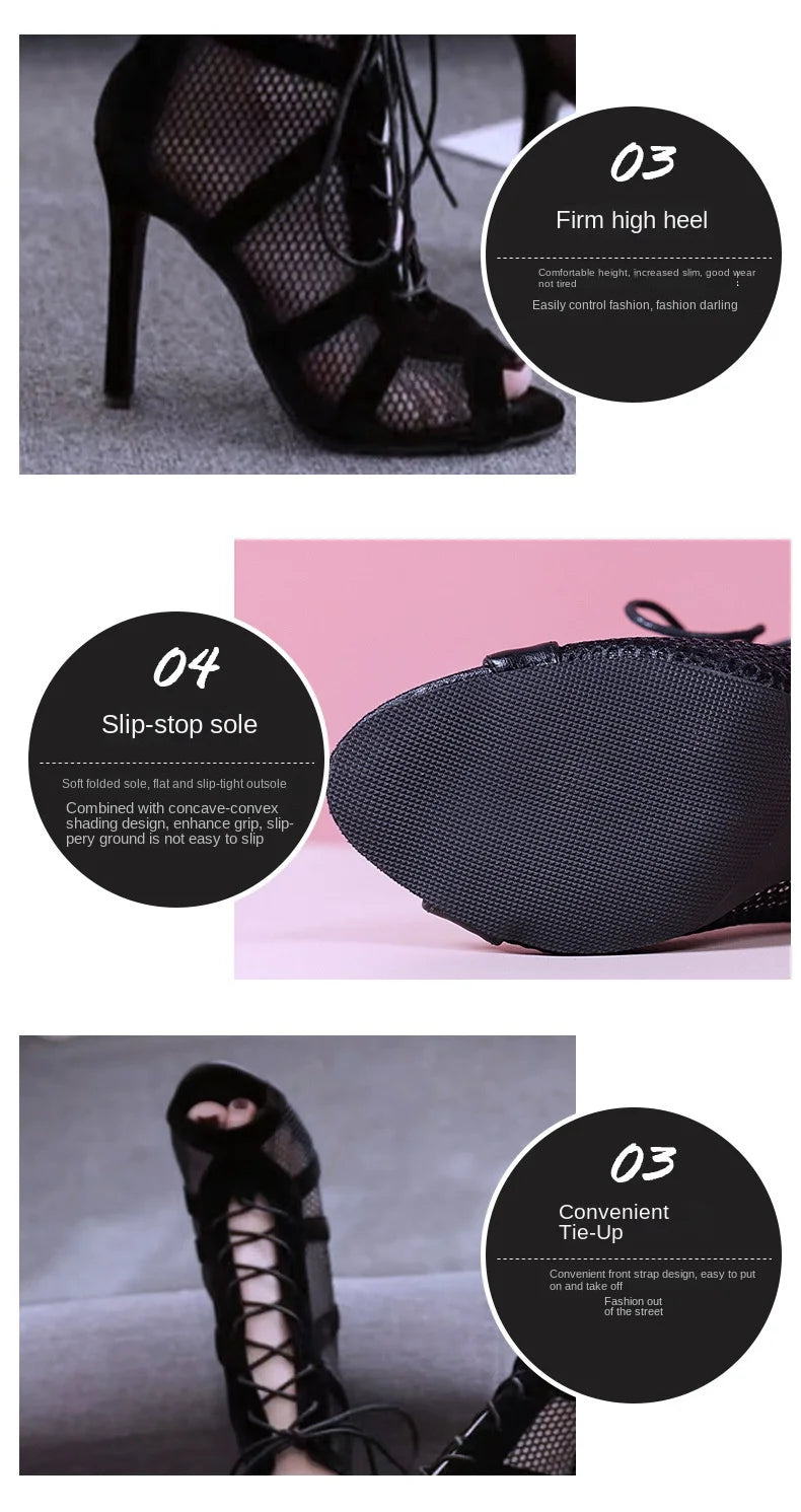 New Fashion Show Black Net Fabric Cross Strap Sexy High Heel Sandals Woman Shoes Pumps Lace-up Peep Toe Sandals Casual Mesh