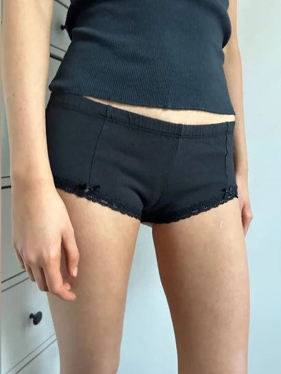 Lace Trim Black Tank Shorts Set Woman Summer Rose Folds V-neck Camisole+Bow Elastc Waist Panties Cotton Home Pajama 2 Piece Sets
