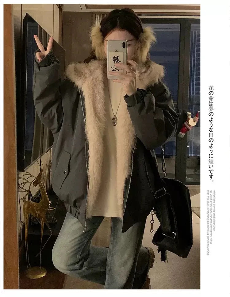 Double-Sided Warm Fur Coat Women Autumn Winter Loose Thicken Plush Cotton Coat 2025 New Women Hooded Imitation Mink Fur Outwear