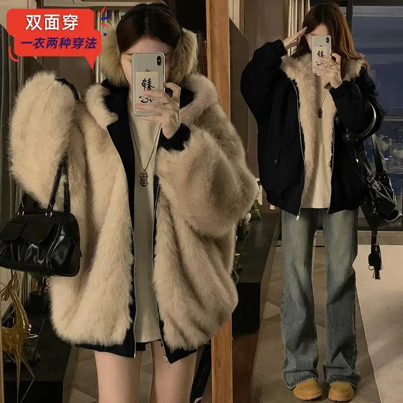 Double-Sided Warm Fur Coat Women Autumn Winter Loose Thicken Plush Cotton Coat 2025 New Women Hooded Imitation Mink Fur Outwear