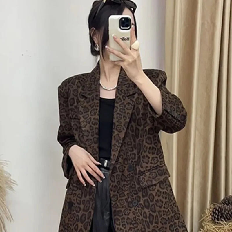2025 Spring Autumn New Korean Fashion Leopard Print Blazer Women Long Sleeve Suit Coat Female Casual Office Outwear Ladies Tops