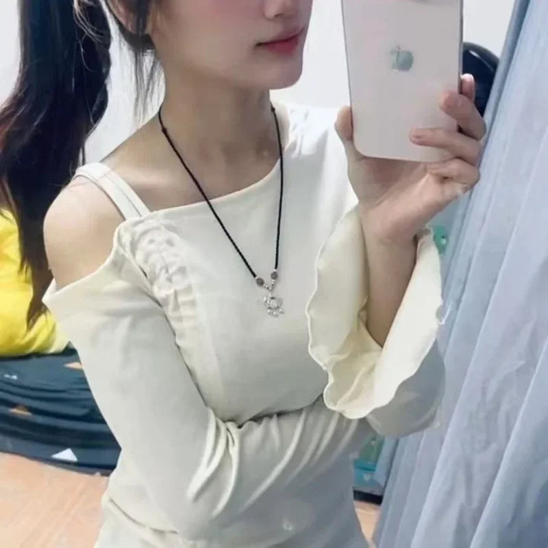 Women Spring Autumn Cotton Flare Sleeve T Shirts Solid Bodycone Basic Long Sleeve Crop Tops Casual Shirring Off-shoulder Tees