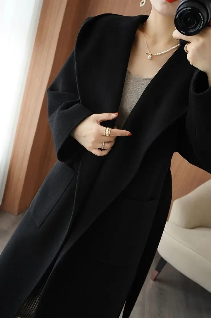 2024 Mid-Length Autumn and Winter Hooded Double Sided Cotton Cashmere Coat Female 100% Wool Loose Thick Woolen Coat