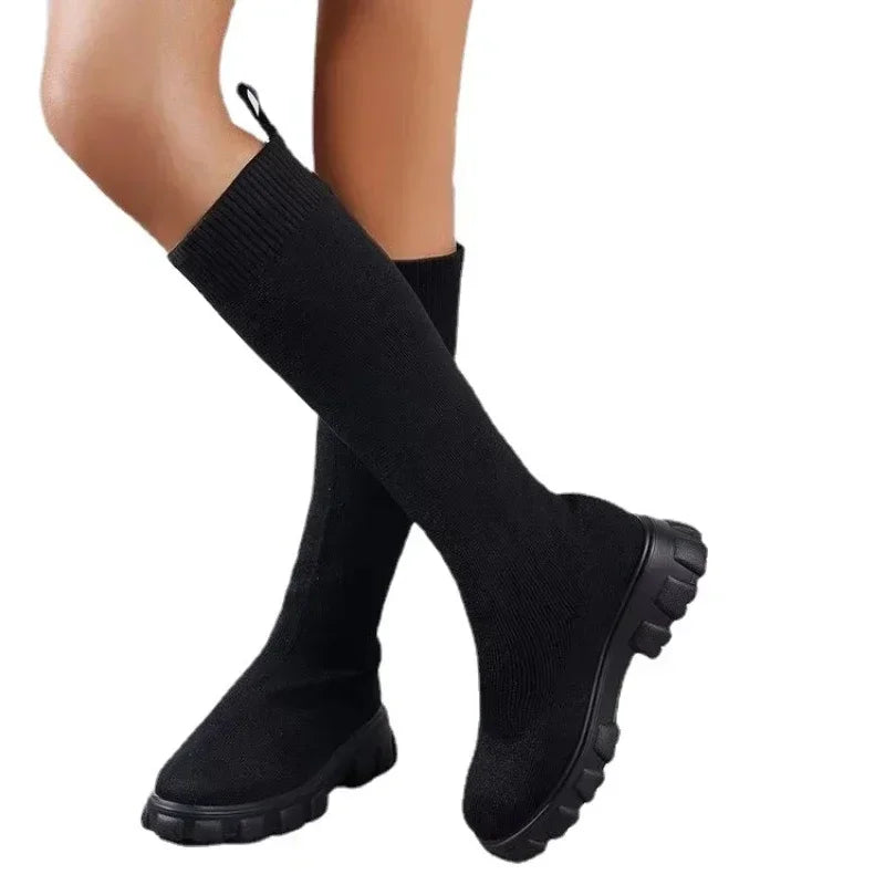 Thick Sole Knitted Long Boots for Women Fashion Elastic Socks Shoes Boots Over Knee Round Toe Low Heels Botas De Mujer 2024