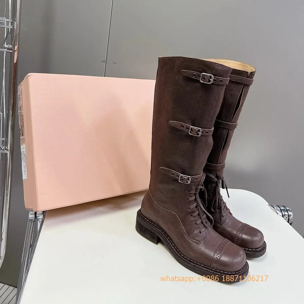 Genuine Leather Ladies Knight Boots 2025 Autumn Belt Buckle Model Catwalk Casual Long Boots Black/brown Thick Heel Casual Boots