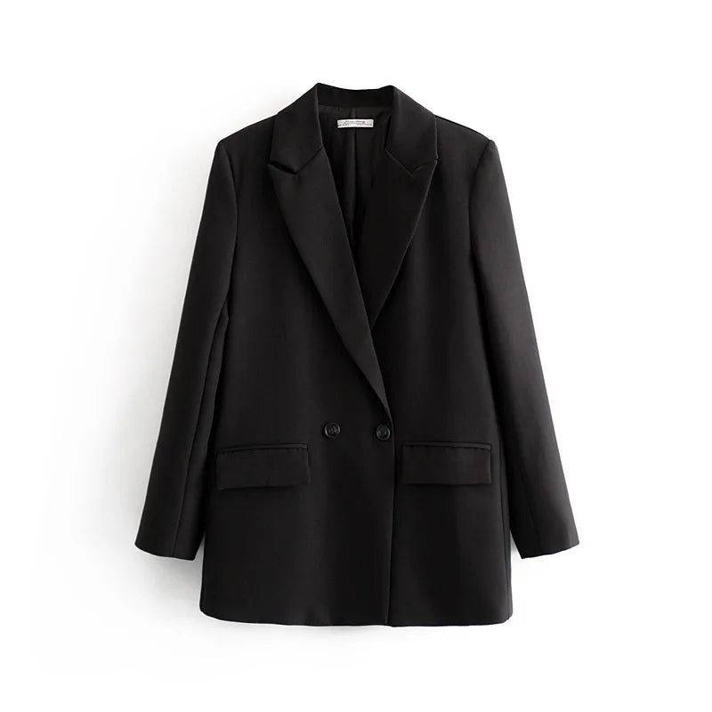 New Women's Double-Breasted Suit Jaet Casual Top 2 Colors Commute Sle Straight Cut Polyester Long Sve Pure Color