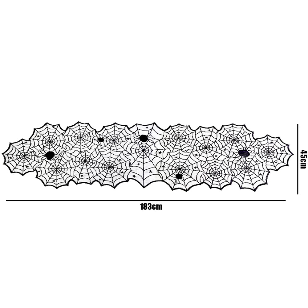 Hallowen Bat Spider Web Table Runner Door Curtain Lace Cobweb Fireplace Cover Lampshade Perfect for Gothic Halloween Decoration