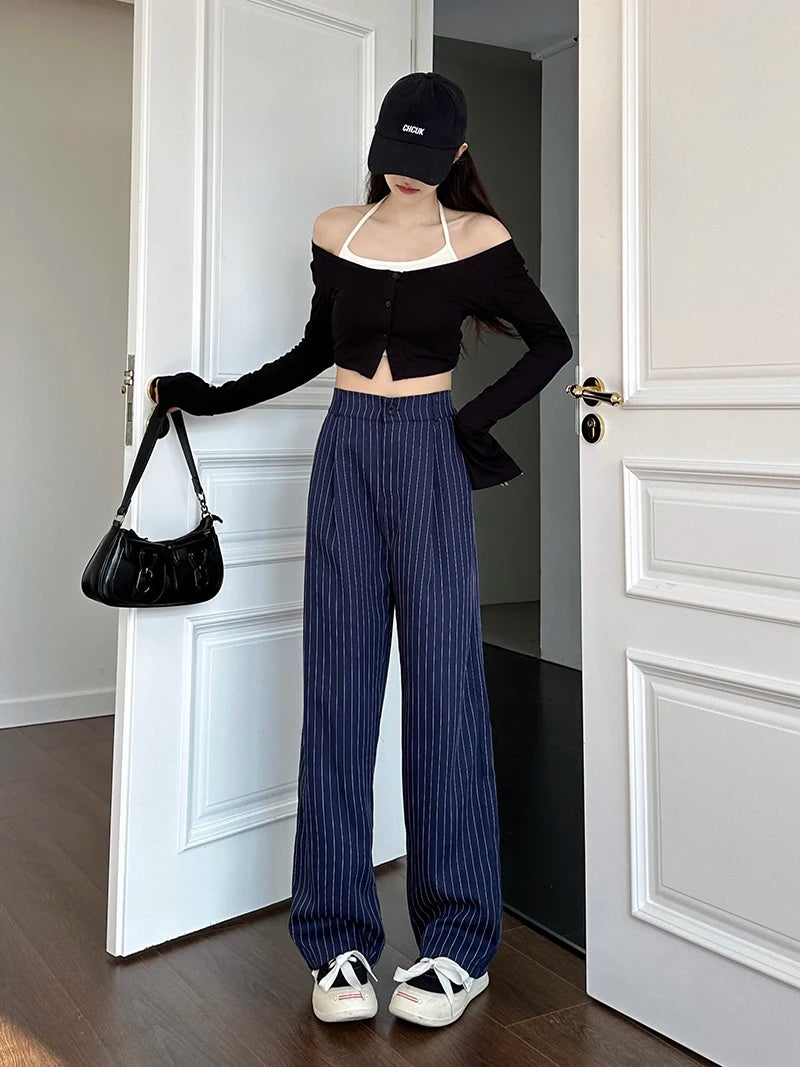 Slimming High Waist Trousers Women's Loose Striped Wide Leg Pants Korean Sle Commute Faion plus Size Long Trousers