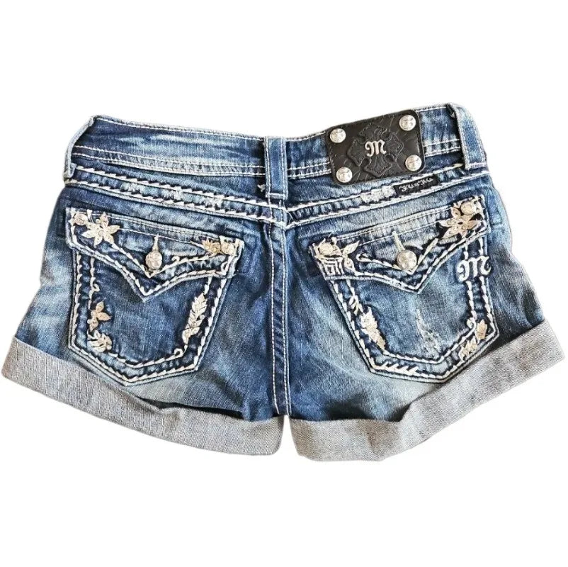 British and American Retro Jeans Washed Shorts Women's Y2K New Harajuku Flower Embroidery Gothic Sexy Spice Mini Denim Shorts