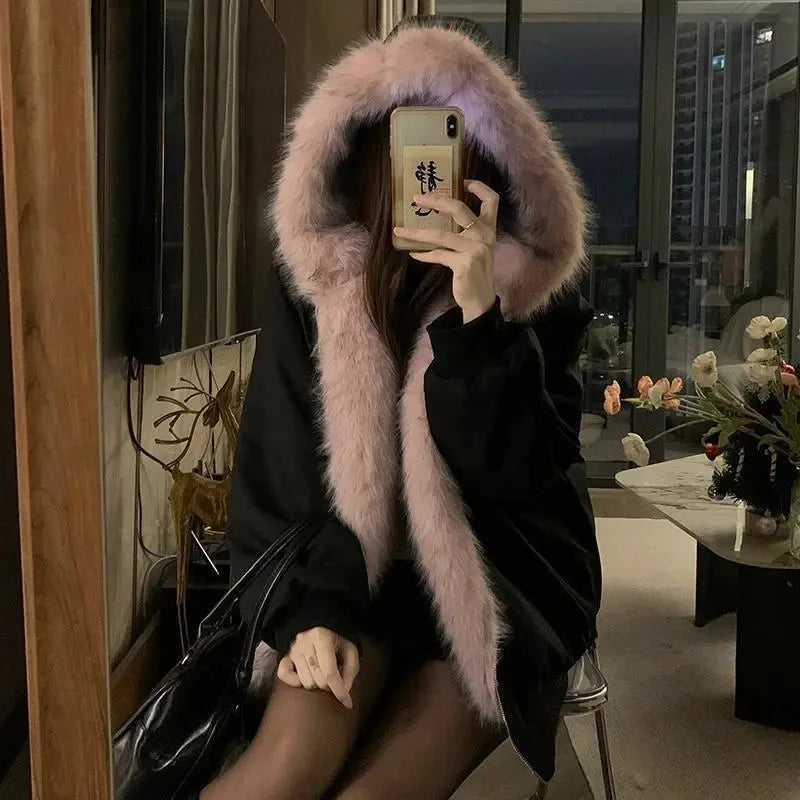 Double-Sided Warm Fur Coat Women Autumn Winter Loose Thicken Plush Cotton Coat 2025 New Women Hooded Imitation Mink Fur Outwear