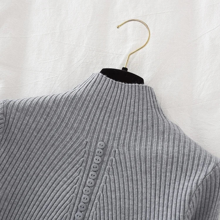 Women Turtleneck Pullovers Autumn Winter Jumper Knitted Basic Top Fashion Solid Color with Button Long Sleeve Ladies Sweater