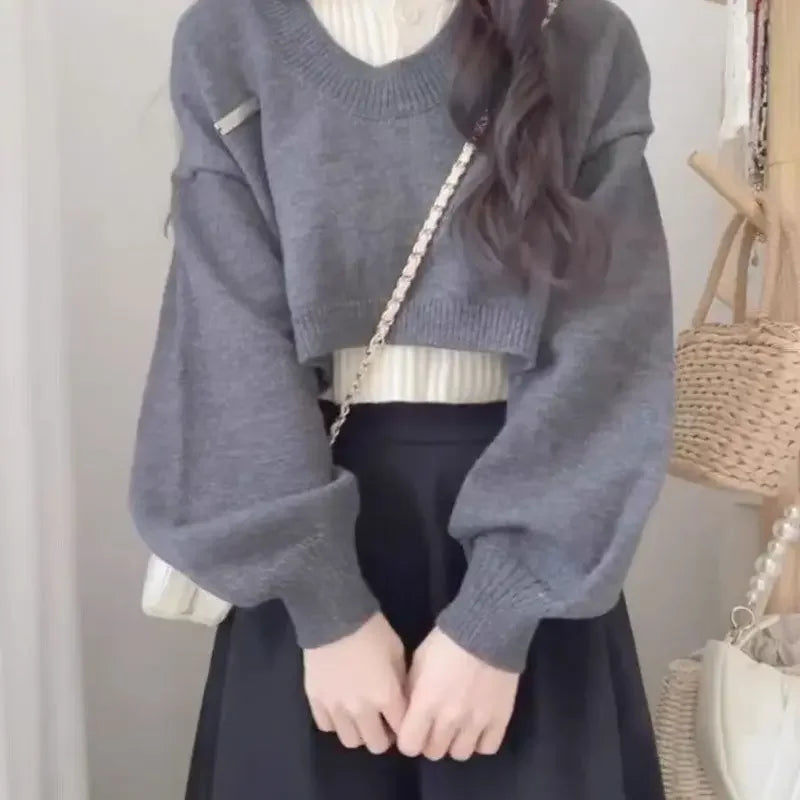 Preppy Style Women's Polo Collar Sweater 2-Piece Set Cropped Idle Style Knit Suit V-Neck Top For Spring And Autumn