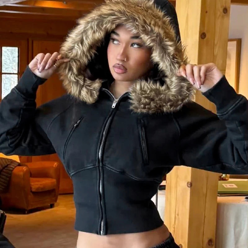 Fashion Solid Feather Hooded Short Jacket Women Zipper Pockets Full Sleeve Waist-closed Coat 2025 Autumn Lady New Street Outwear