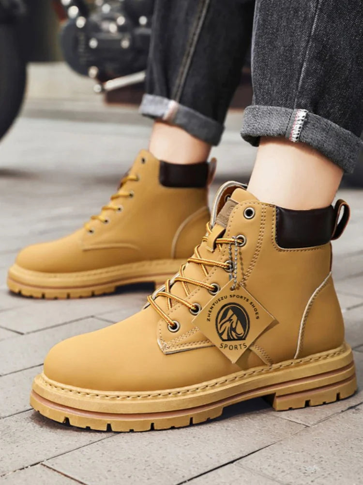 2025*High Top Boots Men's Leather Shoes Fashion Motorcycle Ankle Boots for Men Winter Boots Man Shoes Lace-Up Botas Hombre