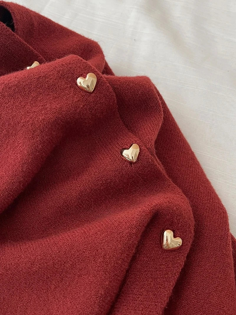 Autumn Winter 2025 New Women's Retro Love Small Gold Buckle Cardigan Female Casual Solid Long Sleeve Slim Knitted Sweater