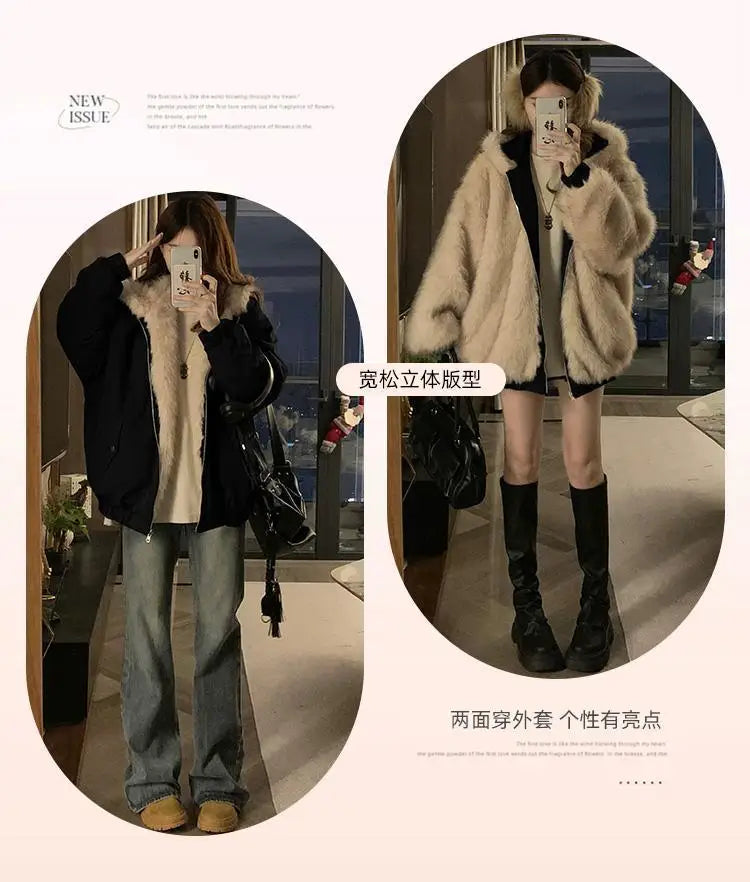 Double-Sided Warm Fur Coat Women Autumn Winter Loose Thicken Plush Cotton Coat 2025 New Women Hooded Imitation Mink Fur Outwear