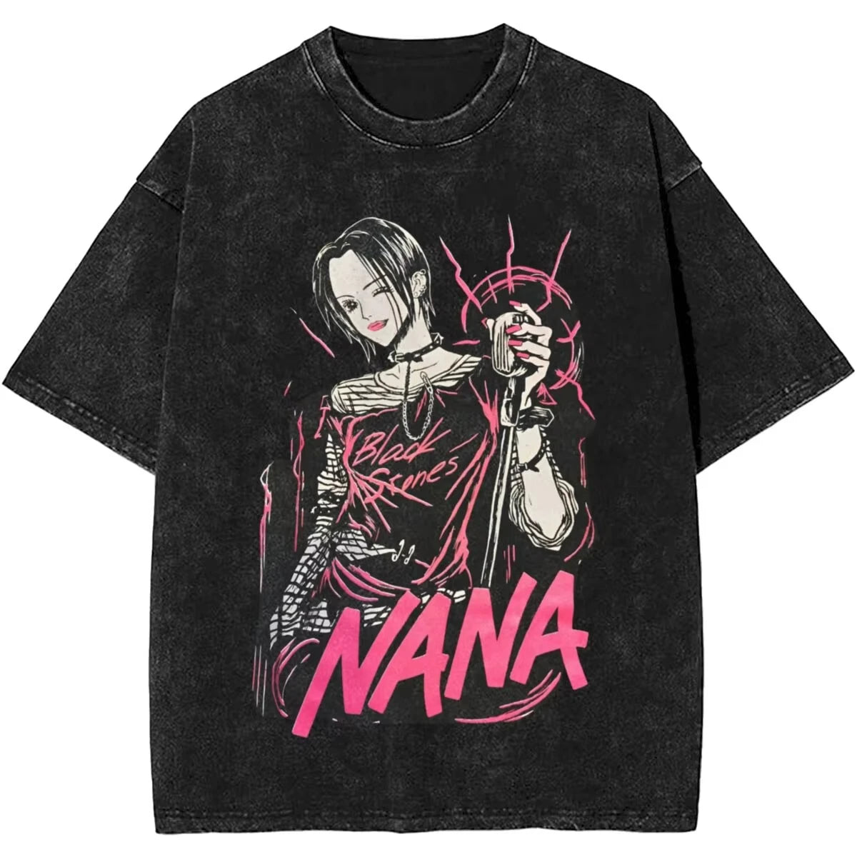 Men's Women Manga Black Stones Nana Vintage Washed T Shirts Trendy Tee Couple Summer Aesthetic Casual Clothing Hip Hop Oversized