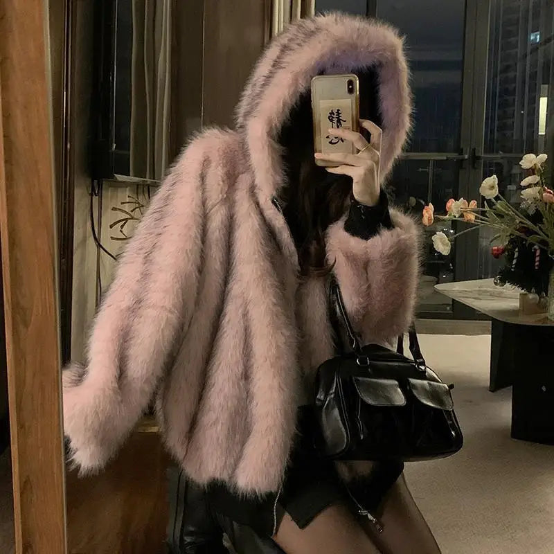 Double-Sided Warm Fur Coat Women Autumn Winter Loose Thicken Plush Cotton Coat 2025 New Women Hooded Imitation Mink Fur Outwear